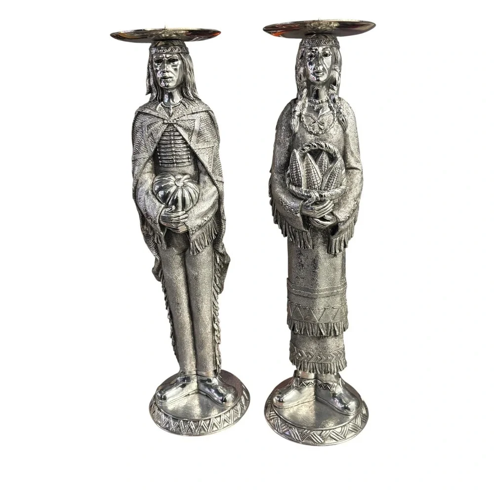 Vintage Silver Metal Indigenous Figures Candle Holders Pair‎ Man Woman 13